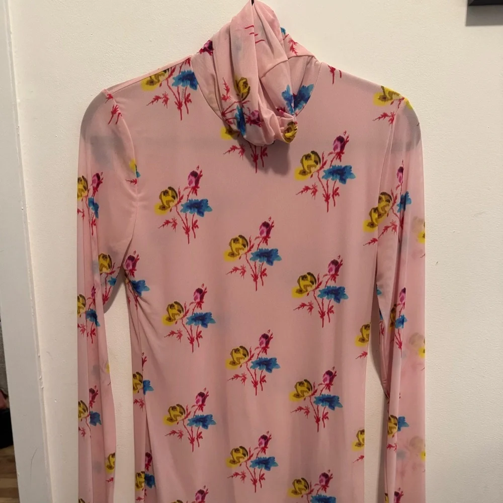 Ganni Printed Mesh Long Sleeve Fitted Rollneck turtleneck Light Pink 38 6 M - Picture 1 of 2